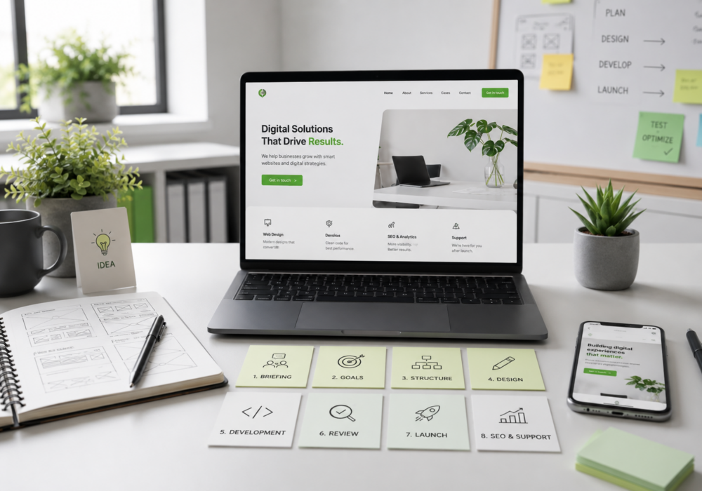 Moderner Arbeitsplatz mit Laptop, Smartphone und visualisierten Projektphasen wie Briefing, Ziele, Struktur, Design, Entwicklung, Korrektur, Livegang und SEO für ein professionelles Website-Projekt.
