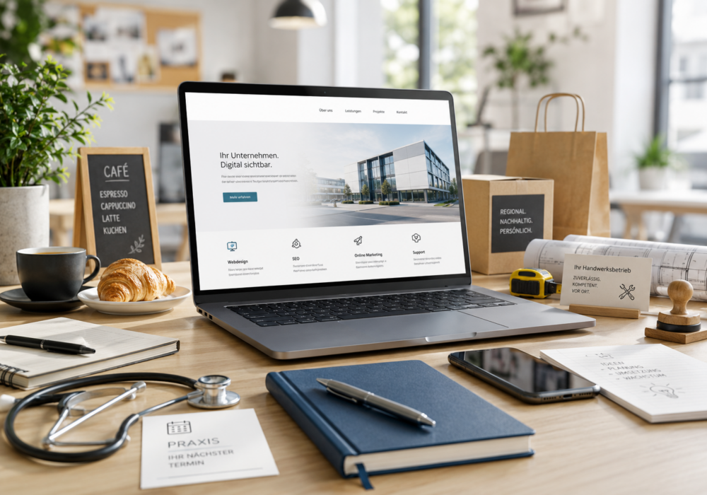 Moderner Arbeitsplatz mit Laptop und Symbolen für verschiedene Branchen wie Handwerk, Gastronomie, Praxen und Einzelhandel als Beispiel für professionelles Webdesign von High5marketing.