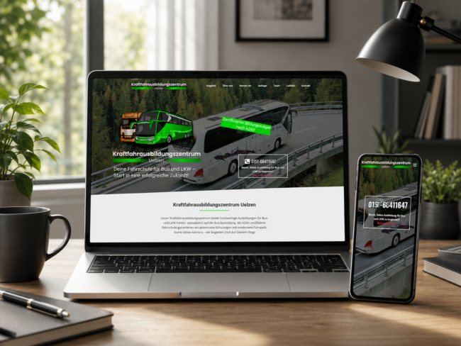 Modernes Webdesign-Mockup auf Laptop und Smartphone für das Kraftfahrausbildungszentrum Uelzen, Fahrschule für LKW und Bus.