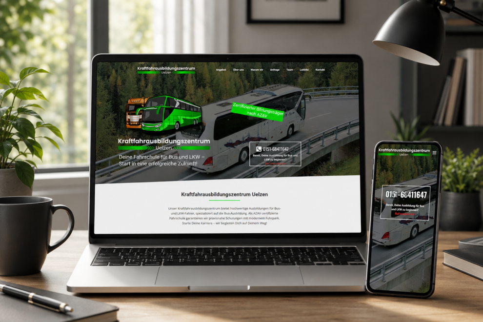 Modernes Webdesign-Mockup auf Laptop und Smartphone für das Kraftfahrausbildungszentrum Uelzen, Fahrschule für LKW und Bus.