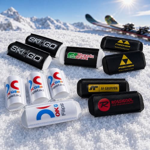 Skibänder und Langlaufski-Bänder mit individuellem Logo auf Schnee, ideal als Werbeartikel für Wintersport, Skiverleih und Sportvereine.