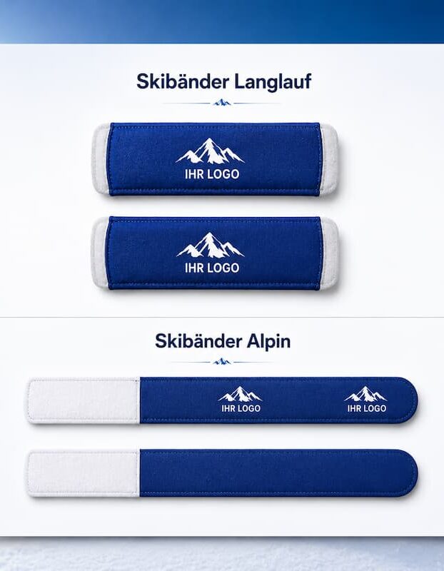 Blaue Skibänder für Langlauf und Alpin mit individuellem Logo auf winterlichem Hintergrund, geeignet als Werbeartikel für Skischulen, Vereine und Wintersportanbieter.