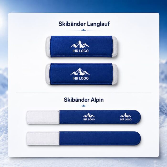 Blaue Skibänder für Langlauf und Alpin mit individuellem Logo auf winterlichem Hintergrund, geeignet als Werbeartikel für Skischulen, Vereine und Wintersportanbieter.