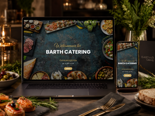 Modernes Webdesign für Barth Catering Uelzen auf Laptop und Smartphone mit integriertem, digitalem Speiseplan.
