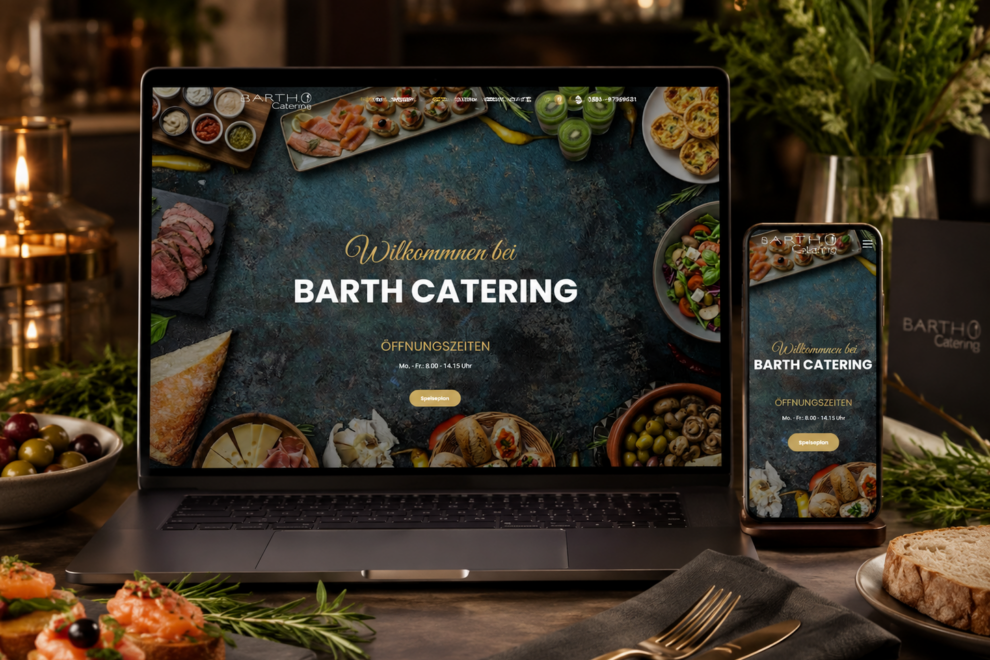 Modernes Webdesign für Barth Catering Uelzen auf Laptop und Smartphone mit integriertem, digitalem Speiseplan.