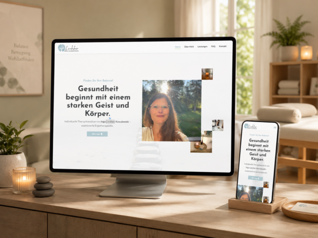 Responsive Website-Ansicht der Ergotherapie Löckher auf Tablet und Smartphone mit barrierefreiem und hellem Design.