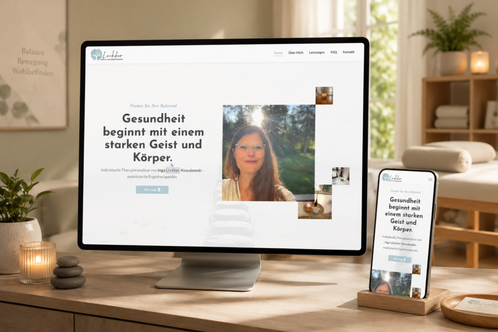 Responsive Website-Ansicht der Ergotherapie Löckher auf Tablet und Smartphone mit barrierefreiem und hellem Design.