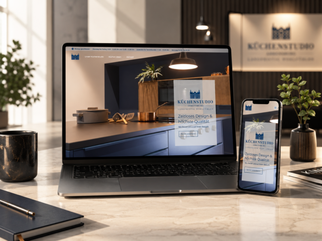 Elegantes Premium-Webdesign auf einem Desktop-Bildschirm für das Küchenstudio Ahrensburg von Fehlhaber & Haslinger.