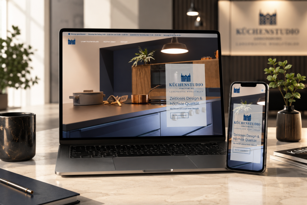 Elegantes Premium-Webdesign auf einem Desktop-Bildschirm für das Küchenstudio Ahrensburg von Fehlhaber & Haslinger.