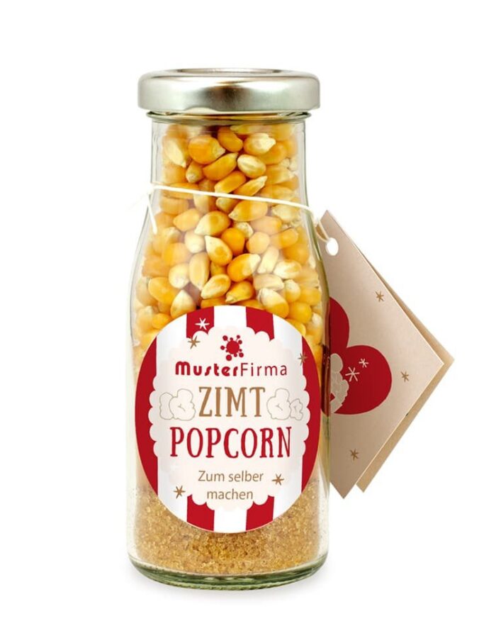 DIY Flasche Zimt Popcorn mit Logo als Werbeartikel