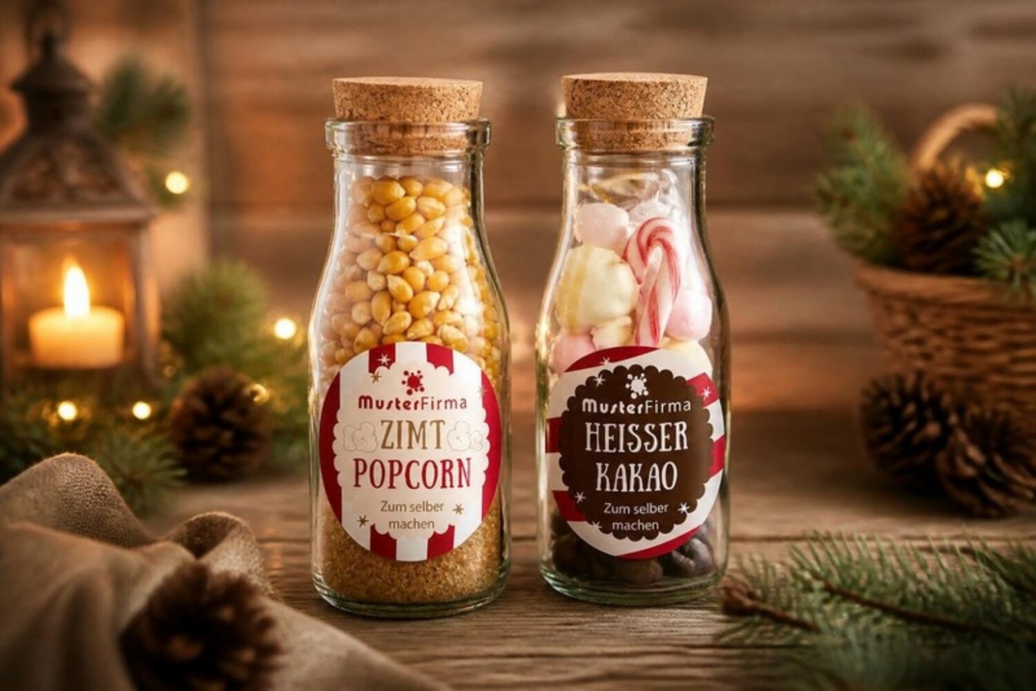 DIY-Flaschen mit Popcorn und Kakao mit Logo-Etikett zu Weihnachten