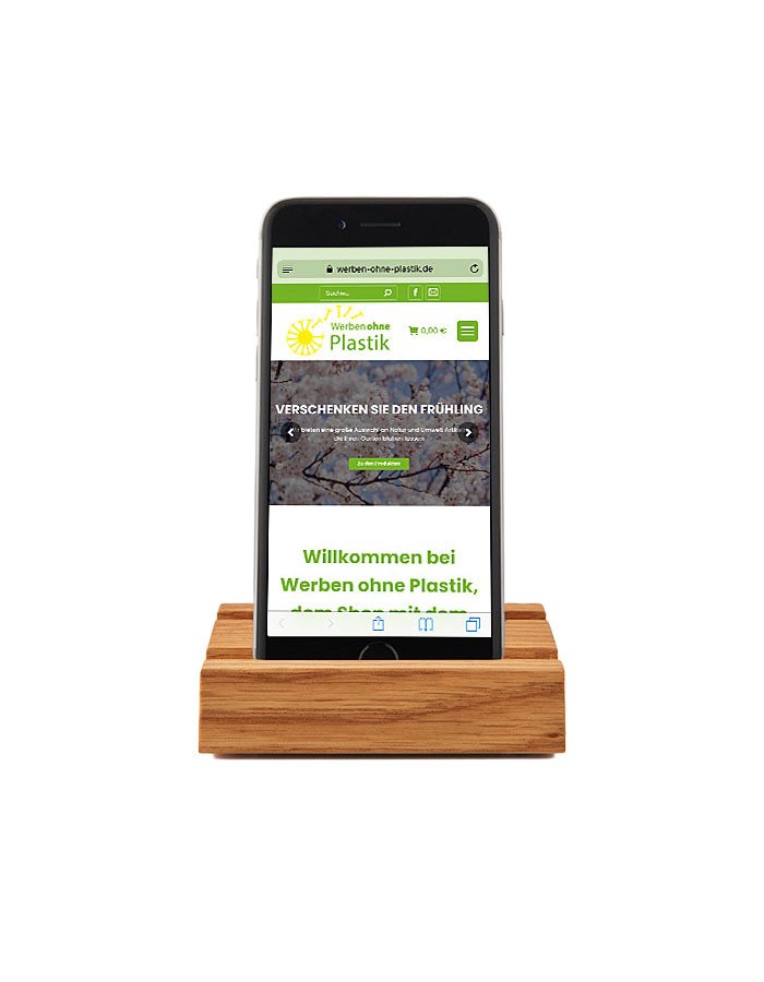 Phone board Eiche mit Logo als Werbeartikel