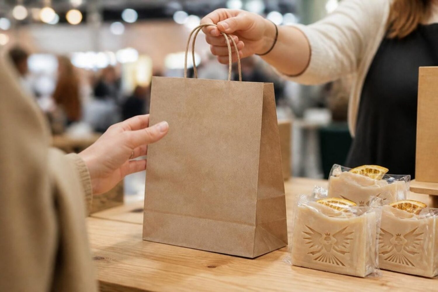 Kraftpapiertasche und Seifen als nachhaltige Werbeartikel am Messestand