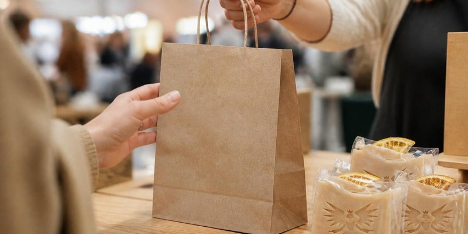 Kraftpapiertasche und Seifen als nachhaltige Werbeartikel am Messestand Kraftpapiertasche und Seifen als nachhaltige Werbeartikel am Messestand