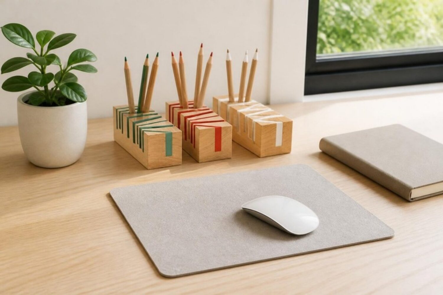 Organizer aus Holz mit Stiften und Mauspad aus Filz auf dem Schreibtisch