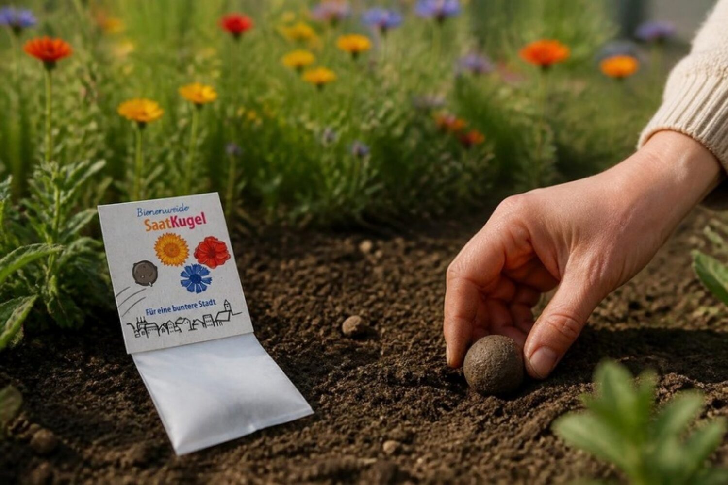 Seedbomb wird neben dem Samentütchen mit Logo in die Erde gesetzt