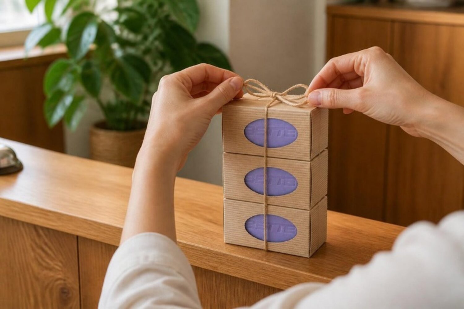 Drei Seifen mit Logo im Karton werden mit Kordel zum Geschenk gebunden