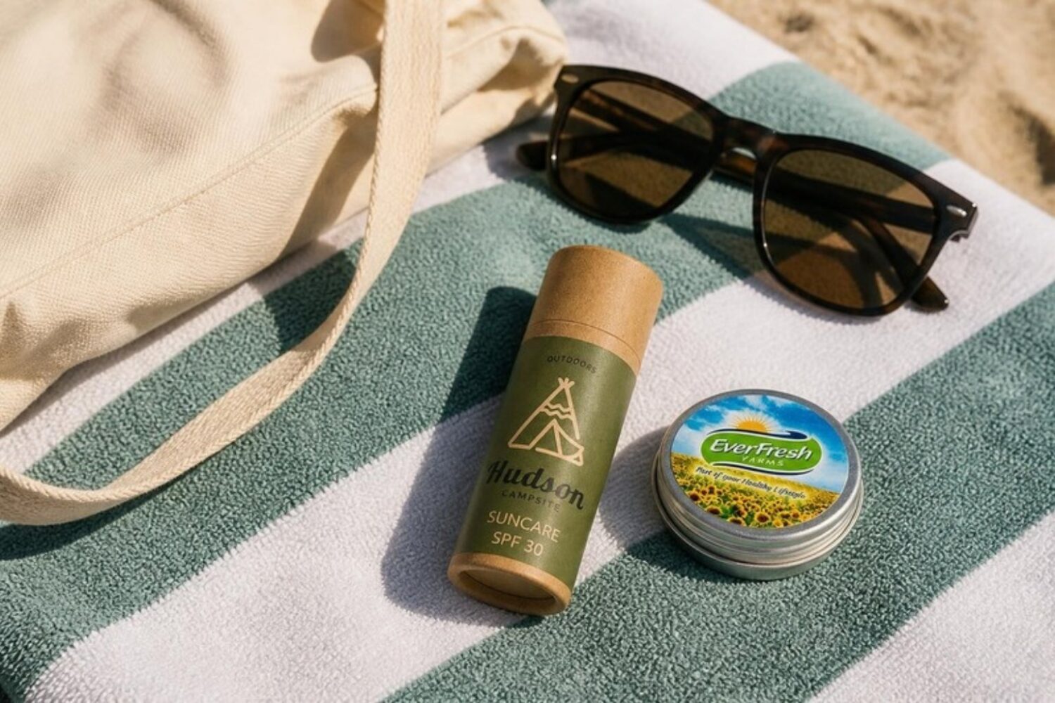 Sonnenschutz-Stick und Lippenpflege in der Aludose am Strand