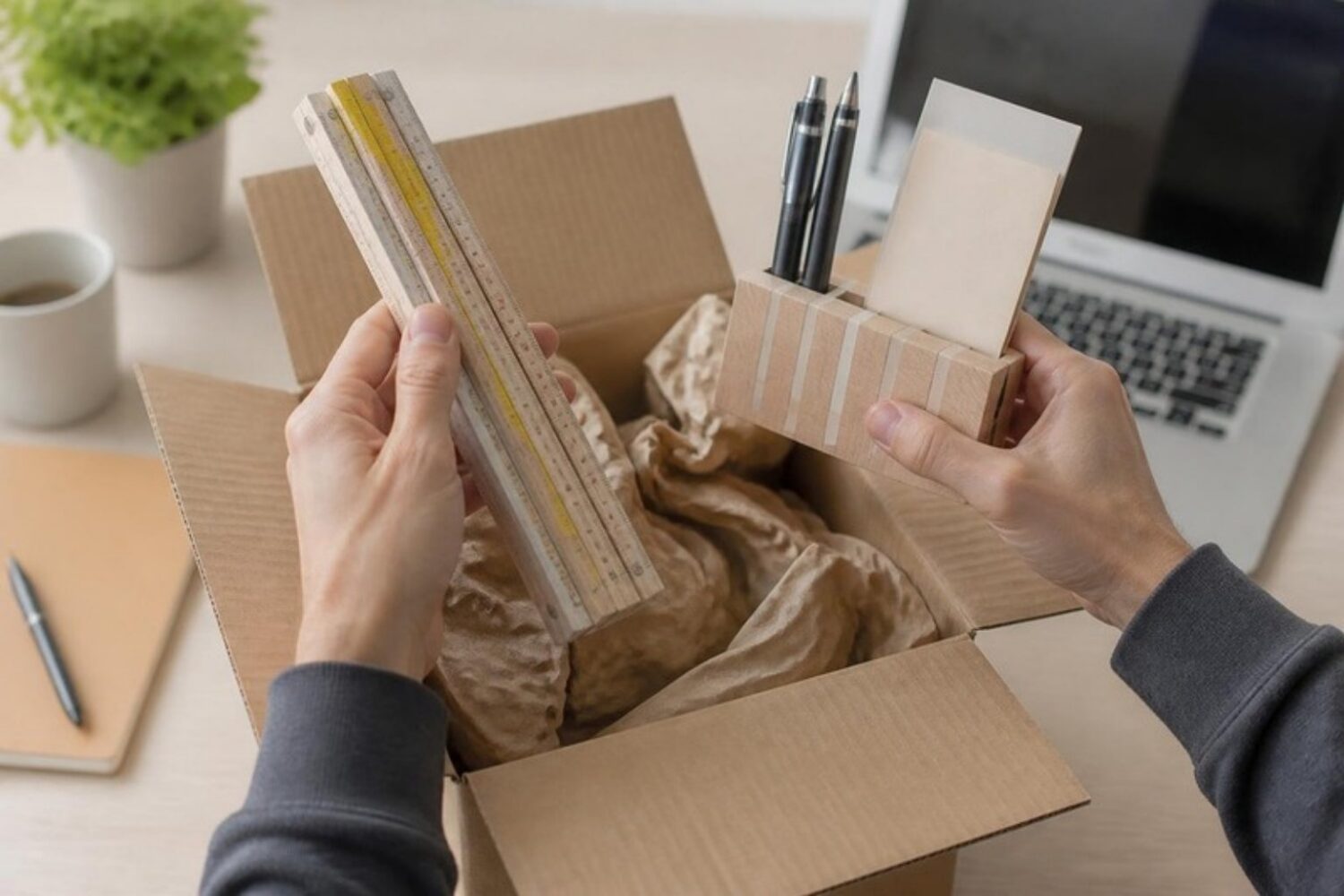Lieferung von Werbeartikeln mit Logo: Zollstock und Organizer aus Holz werden aus dem Paket genommen