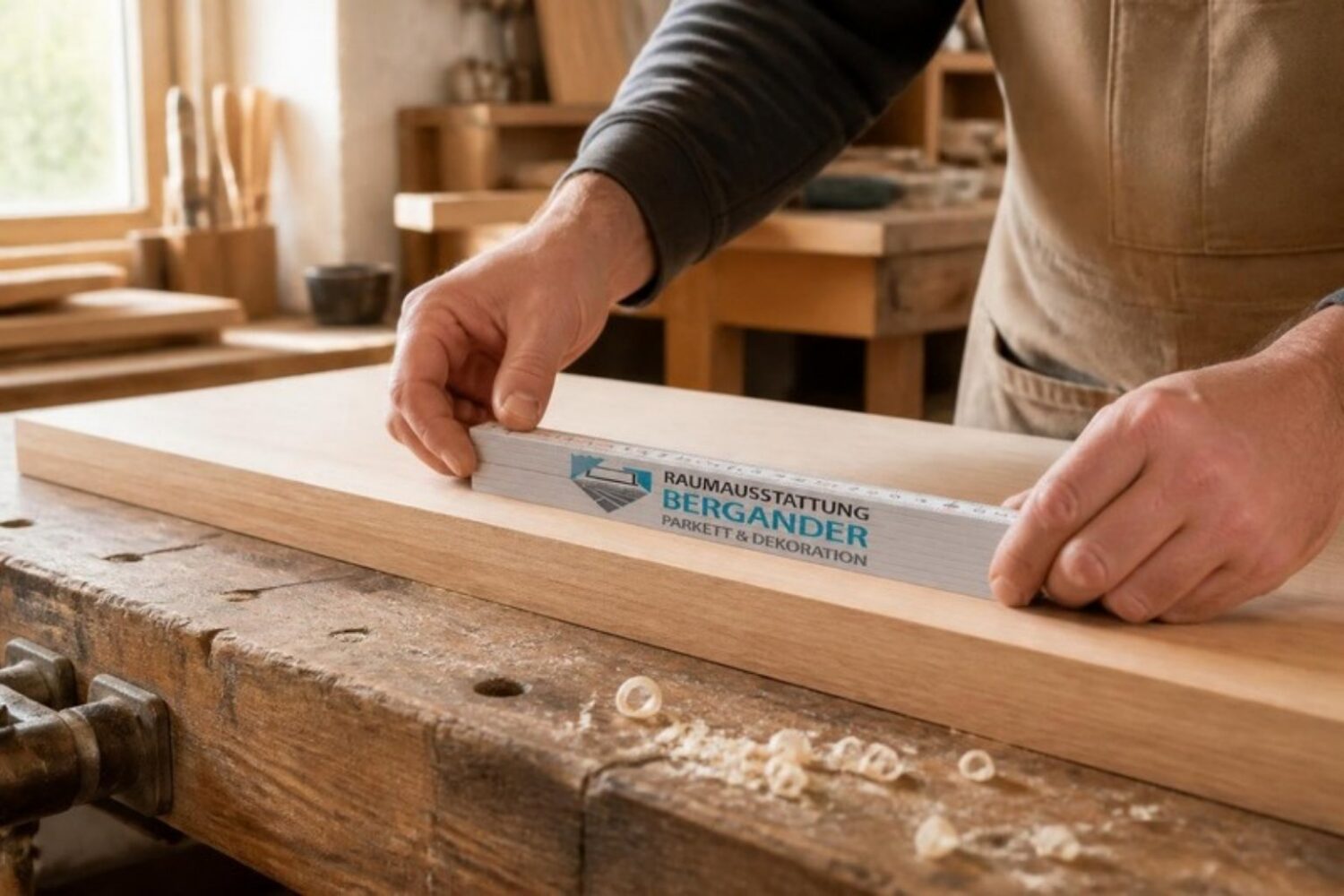 Zollstock aus Holz mit Logo auf einem Brett in der Werkstatt